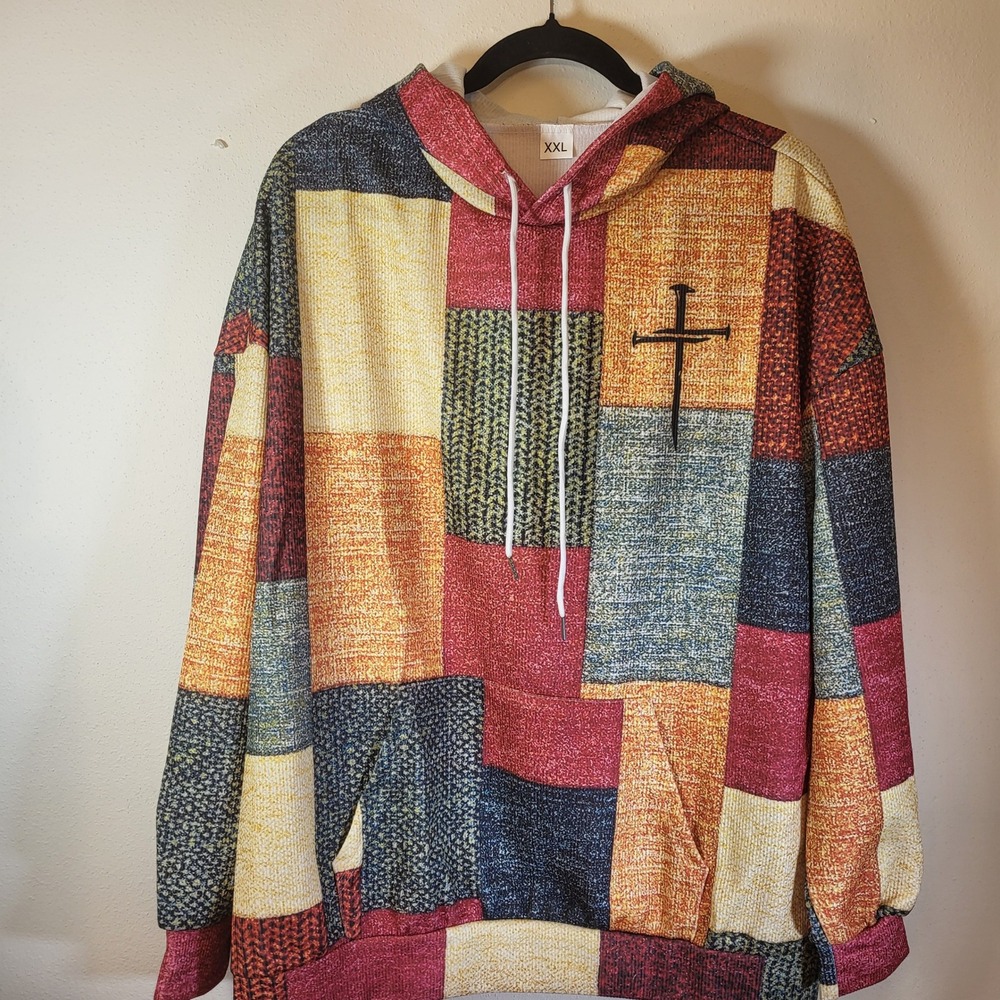 Patchwork Hoodie Religious Cross‎ Graphic Long Sleeve Size XXL